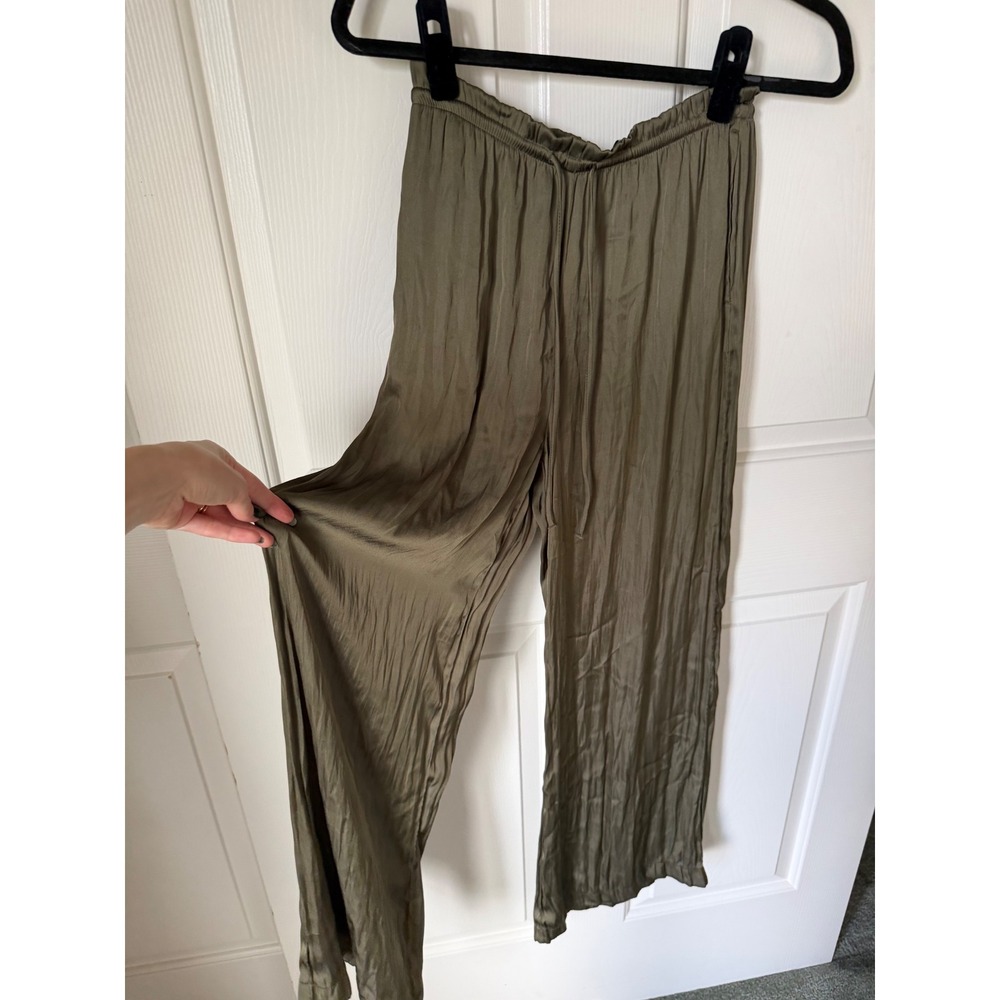 H&M Divided Olive Green Satin Wide Leg Crinkle Pants Drawstring XS